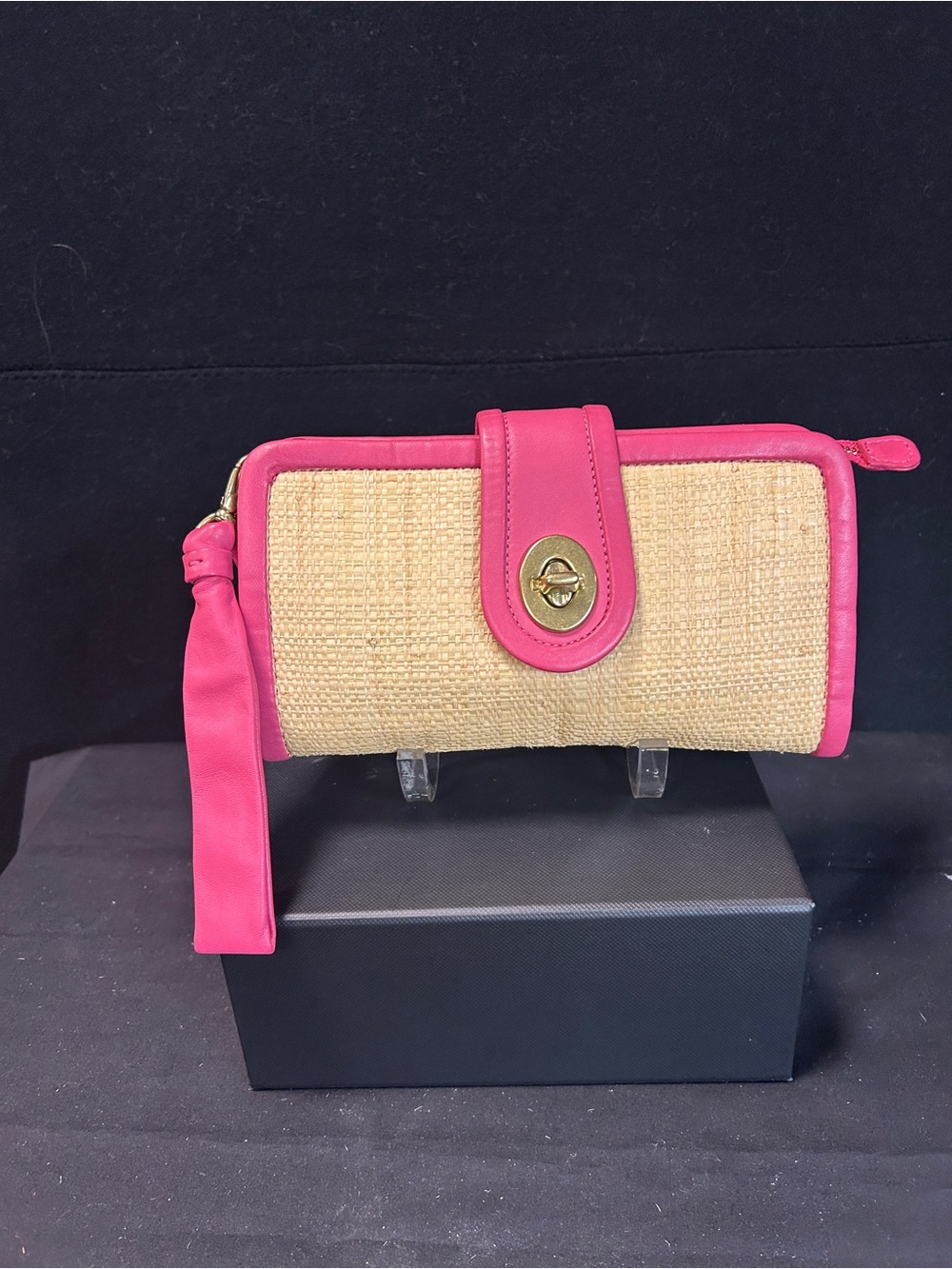 Coach Straw Wristlet Wallet with Pink Trim